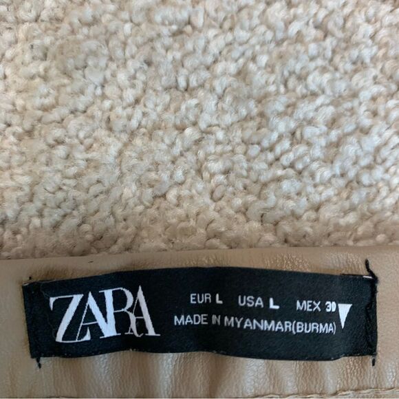 Zara Taupe brown vegan faux leather leggings zipper slit hem Sz L - Picture 9 of 15